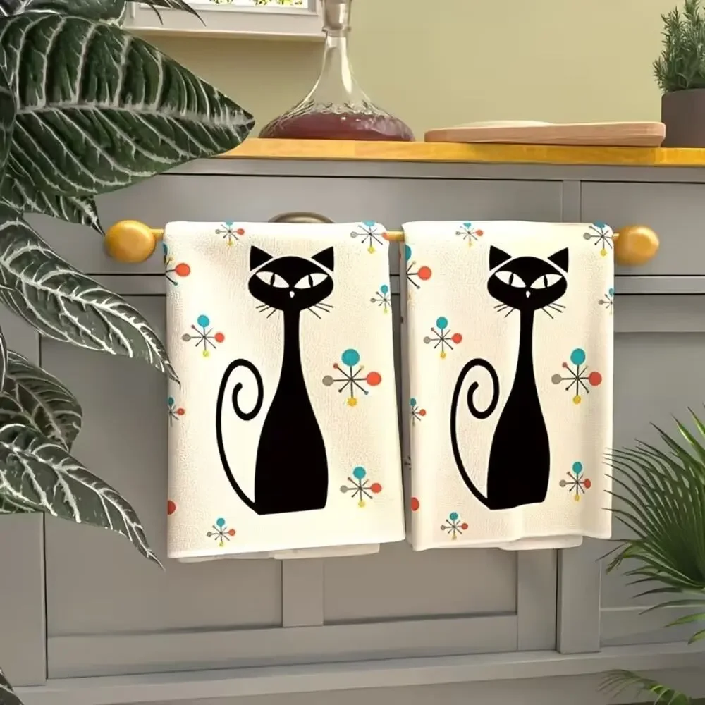 2pcs Atomic Starburst Cat Towel Kitchen MCM Bath Beige New Mid Century 8